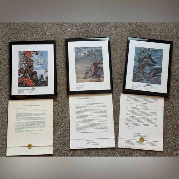 Rare Find Fernandez The 12 Days of Christmas Series Matted Framed Prints - Picture 11 of 13